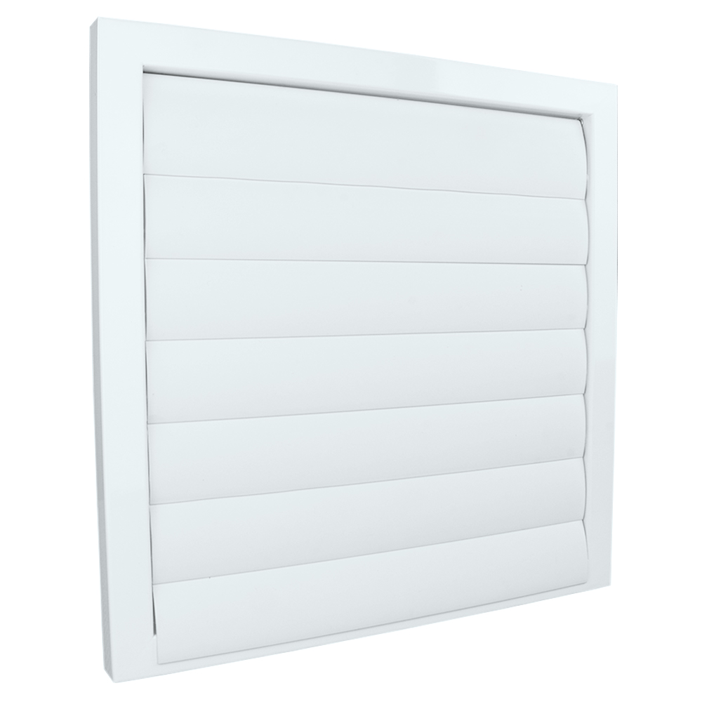 Grila de ventilație metalică cu jaluzele gravitaționale fără flanșă 385x385 mm, albă