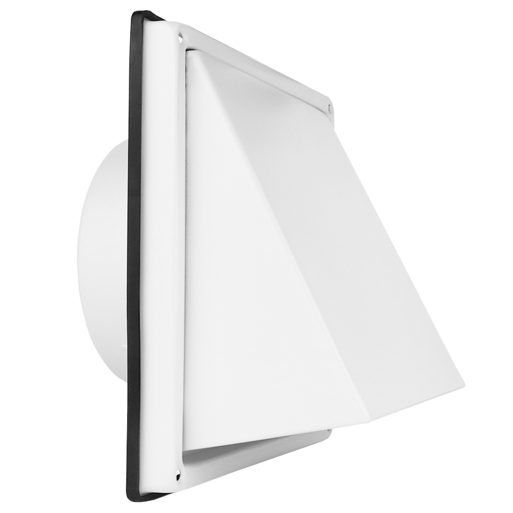 Grilă de ventilație albă Dalap GM 102 BKNW pentru fațadă, cu capotă, clapetă și flanșă, Ø 100 mm