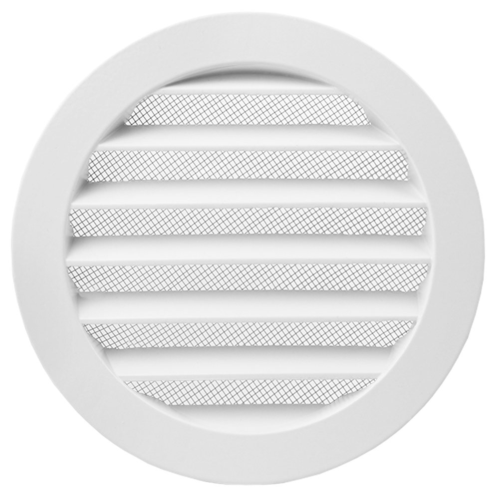 Grilă de ventilație Dalap AVW albă pentru fațadă, metalică, cu ecran și flanșă, Ø 100 mm