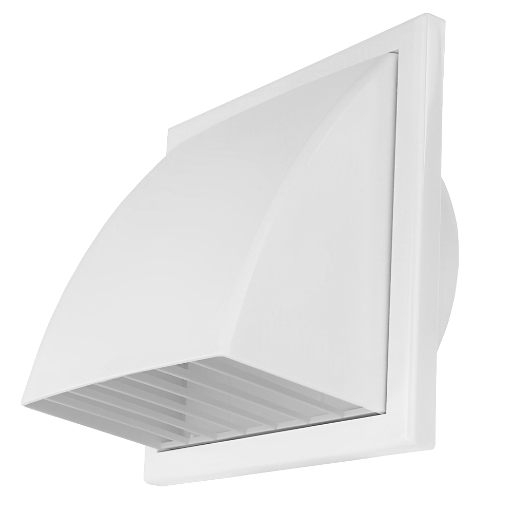 Grila de ventilație PVC cu clapetă antiretur și flanșă cu protecție vănt și ploaie 187x187 / Ø 125 mm, albă