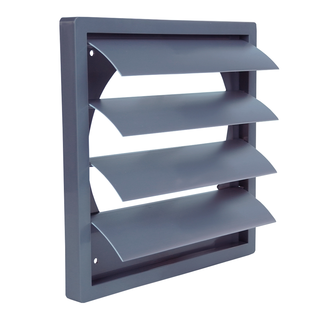Grilă de ventilație PVC cu flanșă și jaluzele gravitaționale, 360x360 mm / Ø 315 mm, gri