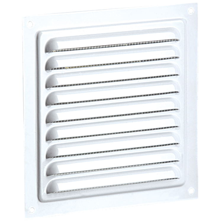 Grila de ventilație metalică fără flanșă cu jaluzele fixe și plasă anti-insecte 125x125 mm, albă