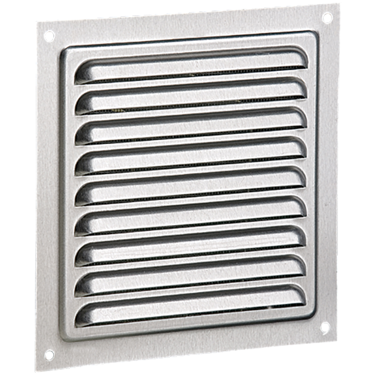 Grila de ventilație din aluminiu fără flanșă cu jaluzele fixe și plasă anti-insecte 125x125 mm