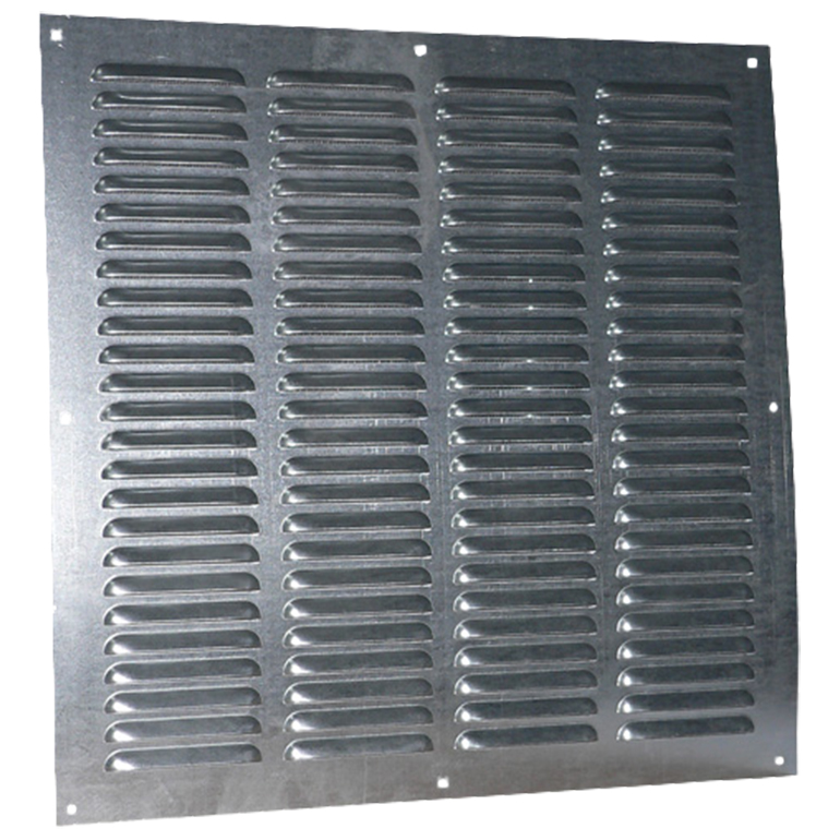 Grila de ventilație galvanizată fără flanșă cu jaluzele fixe și plasă anti-insecte 400x400 mm