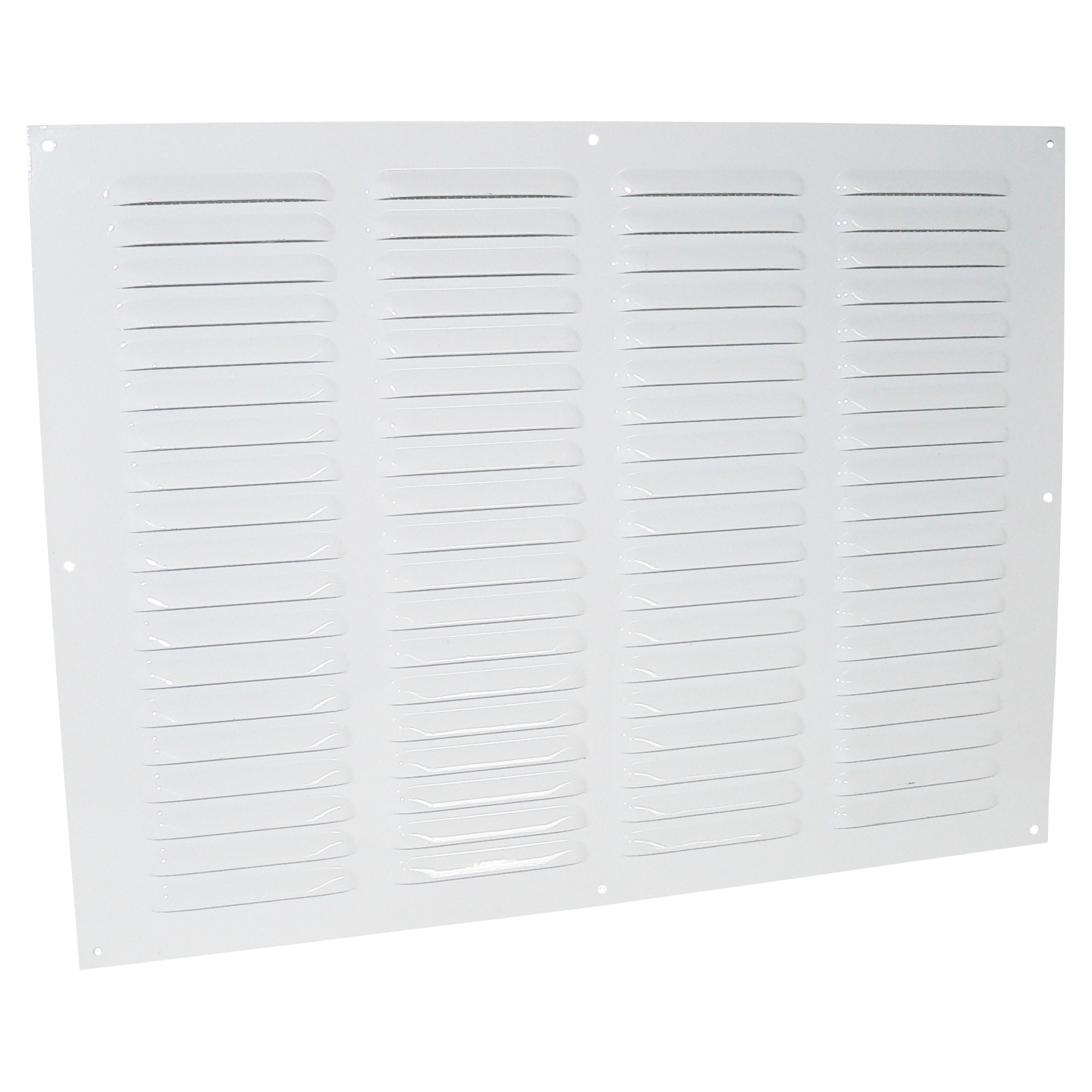 Grila de ventilație metalică fără flanșă cu jaluzele fixe și plasă anti-insecte 400x300 mm, albă